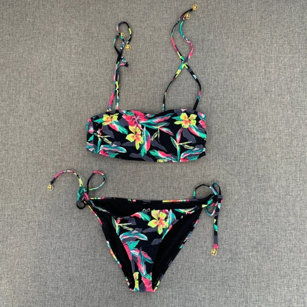 Heat Multicolor Floral Bikini Gold‎ Accent Small Swimwear Tie Straps